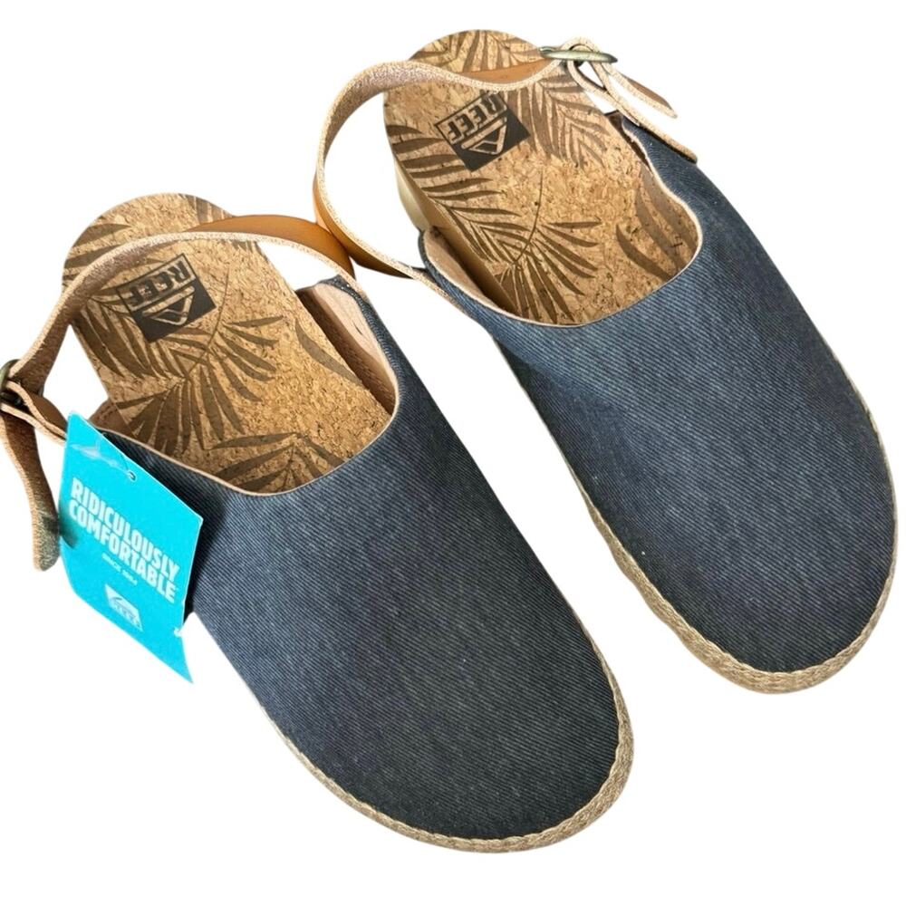 NWT Reef Cushion Sage Canvas Leather Slip On Clog Shoes